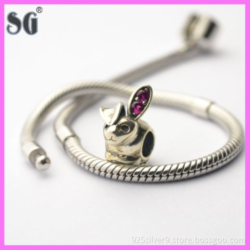 Fine silver accessories animal design cute rabbit beads for snake chain bracelet